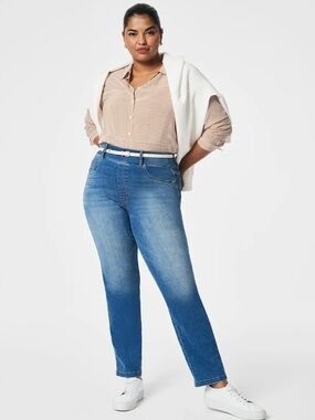 Spanx Size L Straight Leg Pull-On Jeans - Blue